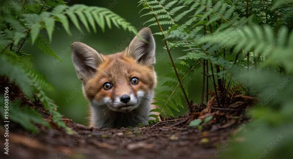 Obraz premium Adorable young fox cub peeking from behind lush green ferns in a forest setting