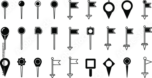 Map pin icons set, location marker collection, navigation symbol illustration, geolocation design graphic, GPS positioning elements silhouette