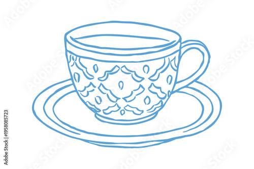Hand drawn illustration of a vintage tea cup and saucer with decorative pattern