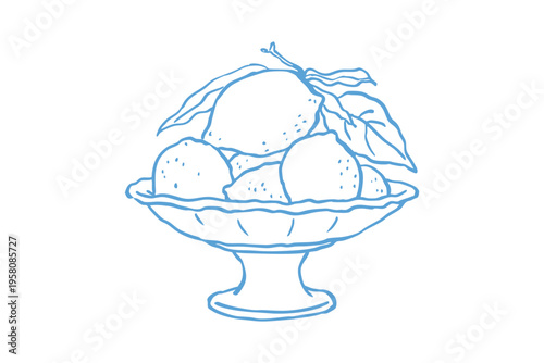 Hand drawn illustration of a bowl of lemons with leaves, vintage style sketch of citrus fruit in a pedestal bowl
