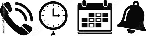 Communication and scheduling icons, phone call symbol, time management illustration, calendar planning graphic, notification alert design set