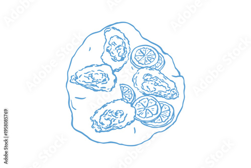 Line art illustration of fresh oysters served with lemon slices on a plate