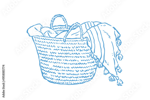 Hand drawn illustration of a woven basket with a blanket or throw inside