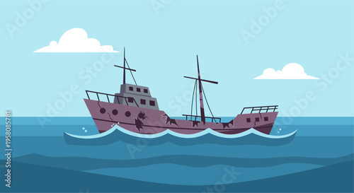 Cartoon illustration of an old, rusty, abandoned shipwreck floating on the calm blue ocean under a clear sky with white clouds.