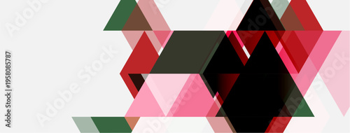 Abstract geometric shapes overlap, creating dynamic composition. Pink, red, green, black hues dominate white background. Modern design.