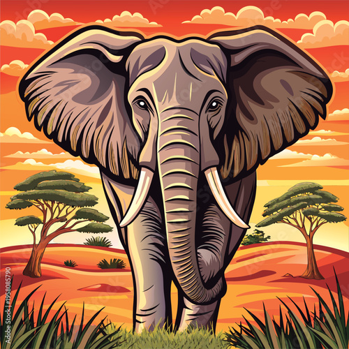 Majestic African elephant at sunset.