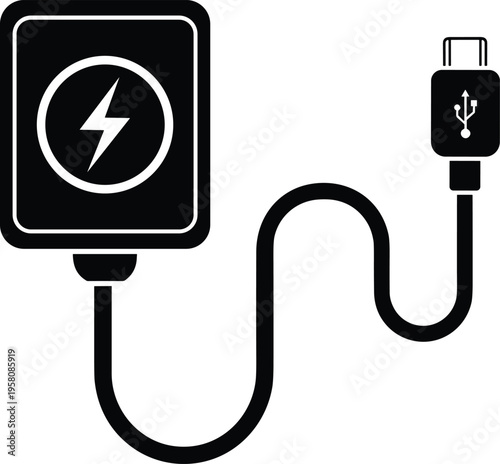Power bank icon, portable charger symbol, USB cable illustration, charging device graphic, electronic accessory design, mobile energy storage silhouette