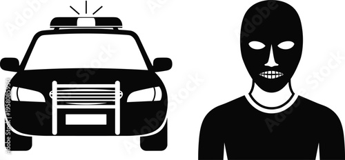 Police car icon, criminal suspect symbol, law enforcement illustration, crime prevention graphic, public safety design, police activity silhouette