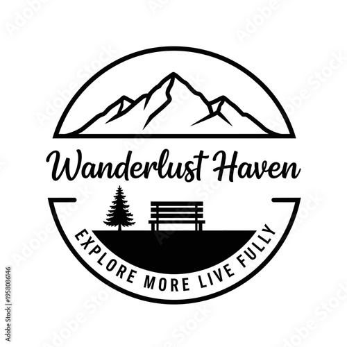 Wanderlust Haven Logo with Mountains and Bench.