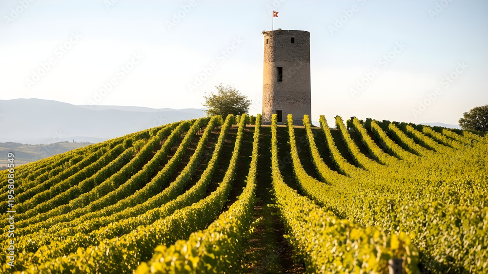 Obraz premium Vineyard landscape with tower and rows of lush green grapevines on a sunny hillside