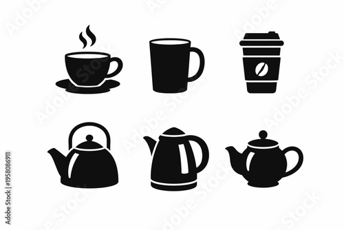 Silhouette icons of coffee cups and teapots in black and white design