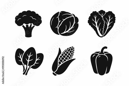 Black silhouette icons of broccoli corn cabbage lettuce spinach and bell pepper
