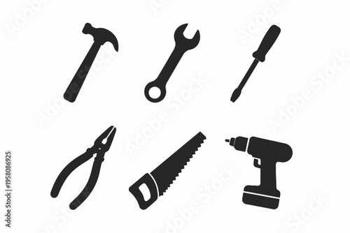 Silhouette of common hand tools: hammer, wrench, screwdriver, pliers, saw, drill