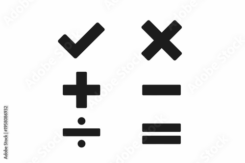 Six mathematical symbols: check, cross, plus, minus, divide, equal in black