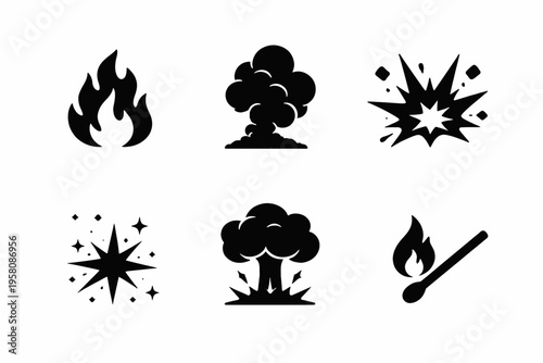 Set of black silhouette explosion and fire icons on white background