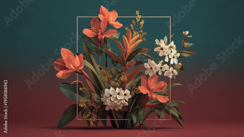 Luxury Tropical Floral Arrangement with Coral Flowers on Dark Teal Background, Elegant Botanical Design