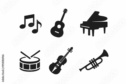 Black silhouette icons of musical instruments: guitar, drums, violin, trumpet, notes, piano