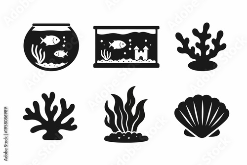 Aquarium icons: fish tanks, coral, seaweed, and shell illustrations