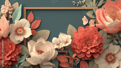 Elegant Floral Border Frame with Coral and Cream Flowers, Minimal Luxury Background with Copy Space