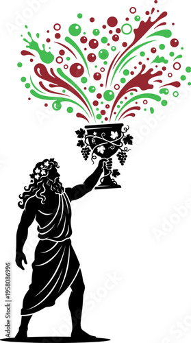 Dionysus Greek god silhouette holding wine goblet with erupting colorful splashes vector illustration