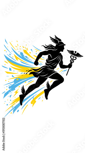 Running Hermes Greek god silhouette with caduceus and paint splashes vector illustration