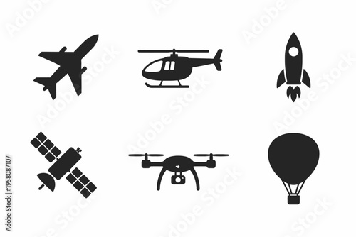 Set of aircraft icons: plane, helicopter, rocket, satellite, drone, hot air balloon