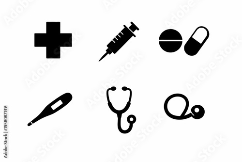 Medical icons set: syringe, pills, thermometer, stethoscope, cross, doctor tools