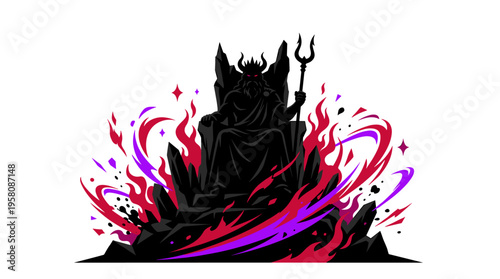 Silhouette of Hades king sitting on dark throne with trident and flames vector illustration