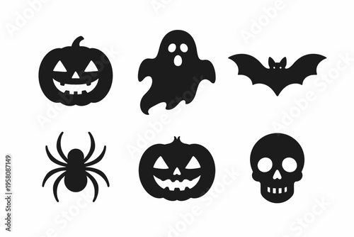 Halloween silhouettes: ghost, pumpkin, bat, spider, skull icons