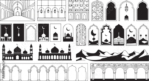 Islamic architecture and landscape illustrations including mosques arches domes minarets mountains and lanterns