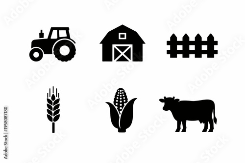 Farm icons: tractor, barn, fence, wheat, corn, cow silhouettes