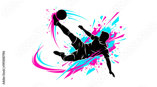 Soccer player silhouette performing bicycle kick with vibrant paint splashes vector illustration