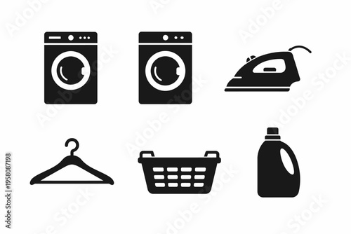 Laundry icon set: washing machine, iron, hanger, basket, detergent