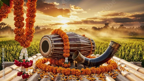 Bihu instruments, marigold garlands on bamboo, warm light over misty assamese fields for rongali bihu.