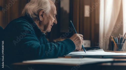 Elderly man in wheelchair enjoys drawing peacefully at a wooden table in a cozy room filled with natural light