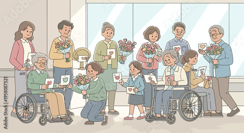 Diverse group of people celebrating and giving flowers.