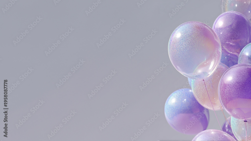 Fototapeta premium Glossy pastel floating balloons with glitter texture on neutral gray background