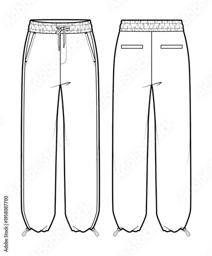 Mens drawstring cuff pants technical flat fashion sketch vector template illustration front and back view elastic waistband open hem jogger casual athletic apparel CAD drawing design mockup concept
