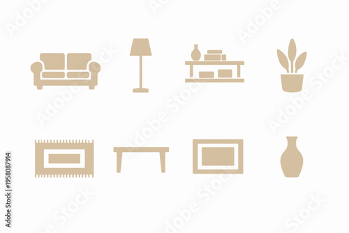 Minimalist home decor icons: sofa, lamp, shelf, plant, rug, table, frame, vase