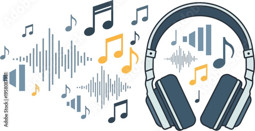 Stylized graphic of headphones, musical notes, and sound waves representing audio and listening experience.