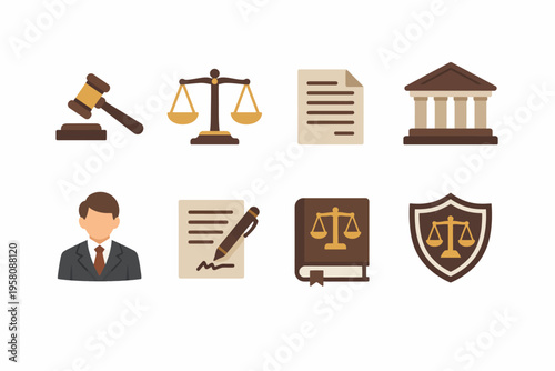 Collection of legal icons featuring gavel, scales, documents, and courthouse