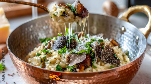 Italian Truffle Risotto Copper Pot Close-Up Parmesan Pull