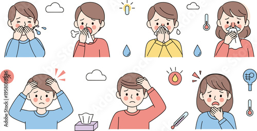 Cold and flu symptoms set with sick people sneezing, coughing and fever, illness healthcare cartoon vector illustration collection