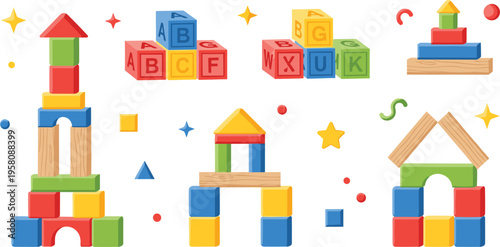 Colorful building blocks and alphabet cubes set with toy constructions, educational kids play elements flat vector illustration collection for preschool learning design