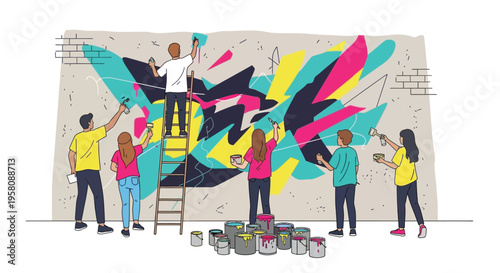Diverse group of people collaborating on a vibrant mural painting.