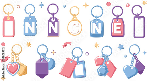 Colorful keychain tags set with alphabet letters and accessories, cute keyring charms collection in flat cartoon style vector illustration