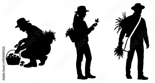 Foraging People Silhouettes Picking Mushrooms and Plants Autumn Harvest Outdoor Activity Nature