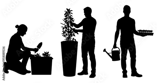 Gardening Silhouettes: Planting Pruning Watering Plants in Pots for Home Gardening and Landscape Design