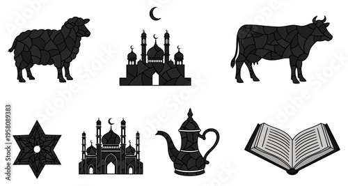 Islamic Symbols Silhouette: Mosque Star Sheep Cow Coffee Pot Quran Moon. Religious Icons