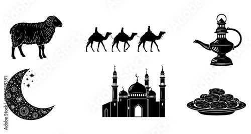 Islamic Symbols Silhouette: Sheep Camel Caravan Mosque Crescent Moon Lantern Dates for Ramadan and Eid